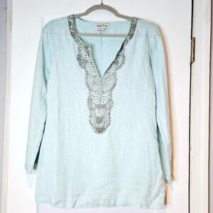 Bella Tu By Gopi Vaid Beaded Linen Tunic Top